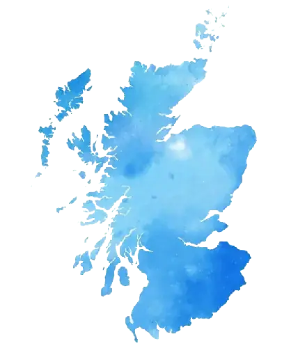 Watercolor map of Scotland showing nationwide charity presence